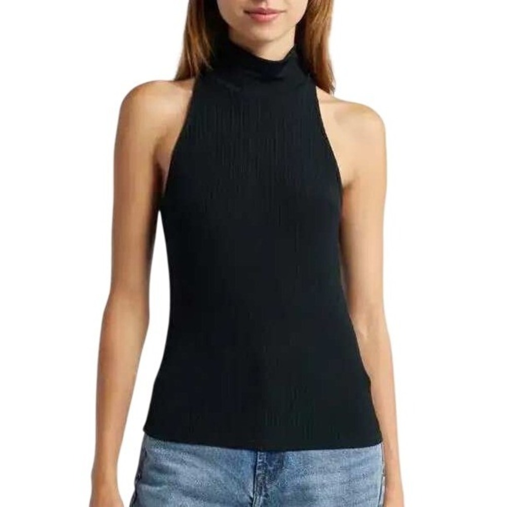 PAIGE Mock Neck Halter Top Women Medium Black Ribbed Sleeveless 8918N40-1086